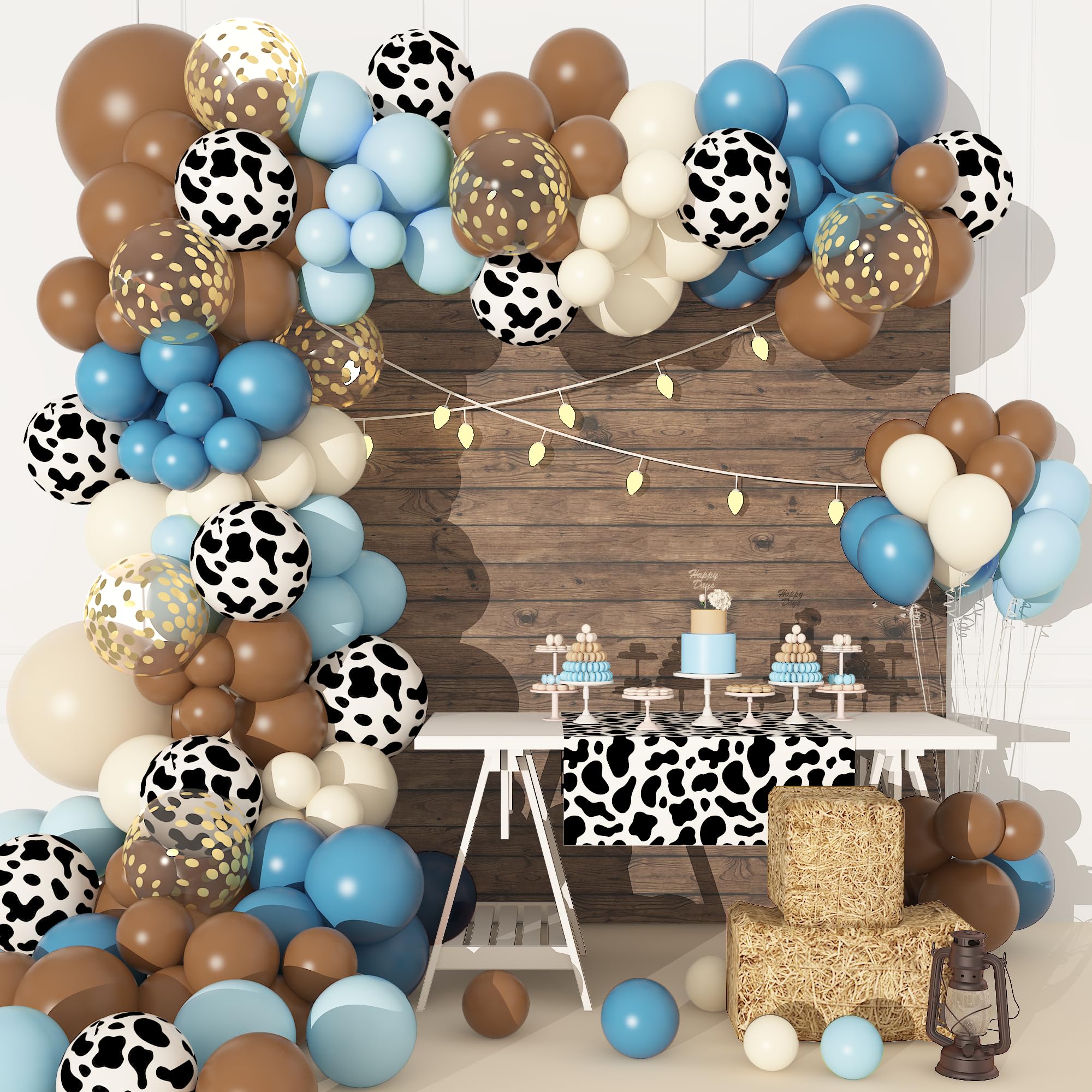 170PCS Blue Cowboy Balloons Garland Arch Kit Blue Brown Neutral Blush Confetti Cow Print Balloons for Baby Shower Western Cowboy Birthday Cowgirl Bachelor Farm Animal Theme Party Decoration Supplies