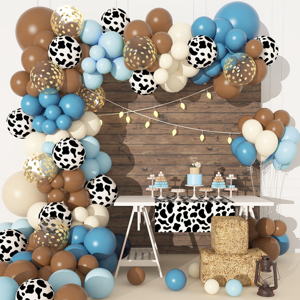 170PCS Blue Cowboy Balloons Garland Arch Kit Blue Brown Neutral Blush Confetti Cow Print Balloons for Baby Shower Western Cowboy Birthday Cowgirl Bachelor Farm Animal Theme Party Decoration Supplies