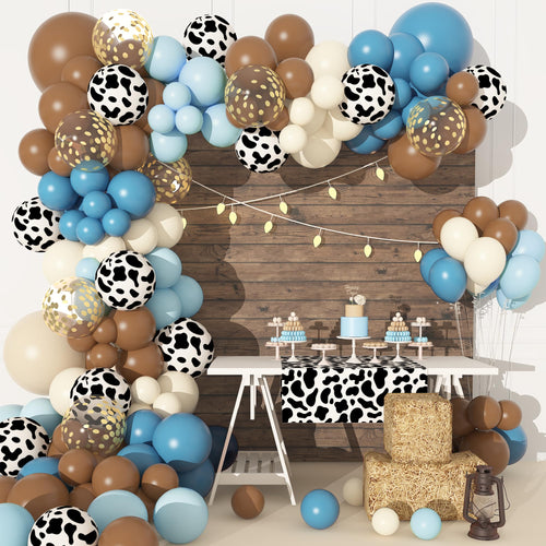 170PCS Blue Cowboy Balloons Garland Arch Kit Blue Brown Neutral Blush Confetti Cow Print Balloons for Baby Shower Western Cowboy Birthday Cowgirl Bachelor Farm Animal Theme Party Decoration Supplies