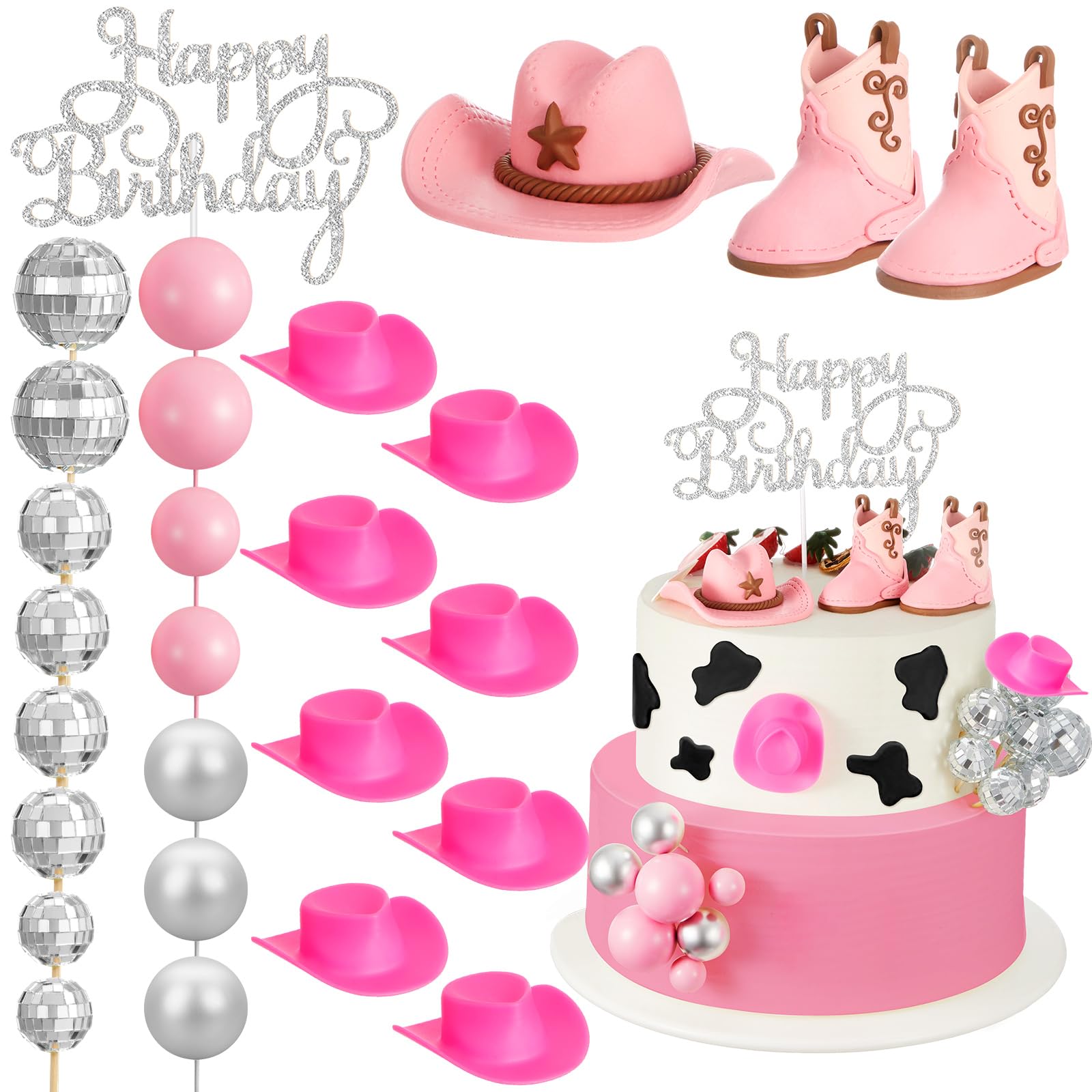 RoundFunny 26 Pcs Cowgirl Cake Decorations Cowgirl Cake Topper Disco Decorations Hat Cake Topper Western Cowgirl Birthday Baby Shower for Western Theme Party Supplies (Cute Pink)