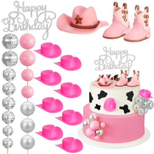 26 Pcs Cowgirl Cake Decorations Cowgirl Cake Topper Disco Decorations Hat Cake Topper Western Cowgirl Birthday Baby Shower for Western Theme Party Supplies (Cute Pink)